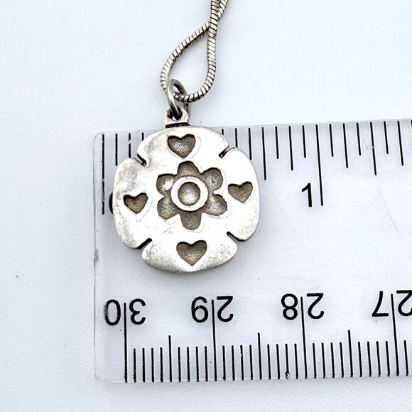 Vintage Mexican Sterling Silver Heart & Flower Pendant Necklace – 17” Italian Ch - Picture 2 of 12